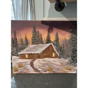 Hand Painted Log Cabin Canvas Picture 16” X 20” Winter Scene Cozy Art SIGNED